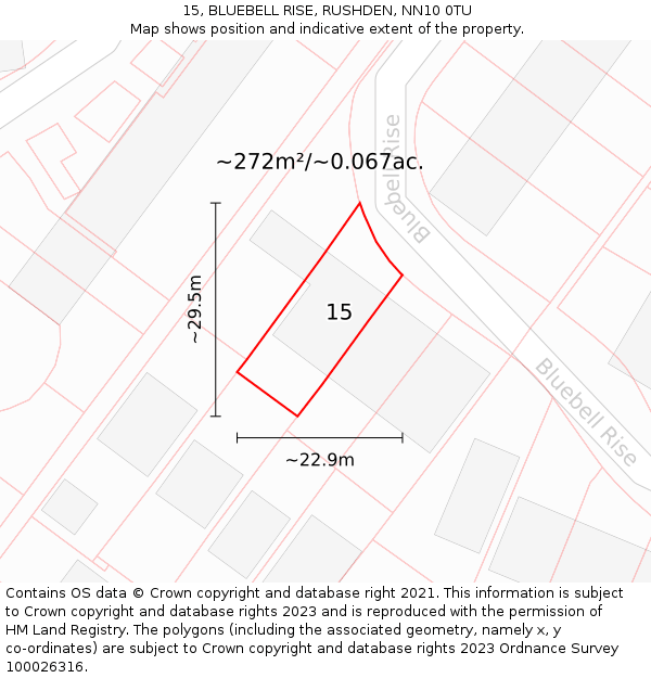 15, BLUEBELL RISE, RUSHDEN, NN10 0TU: Plot and title map