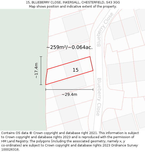 15, BLUEBERRY CLOSE, INKERSALL, CHESTERFIELD, S43 3GG: Plot and title map