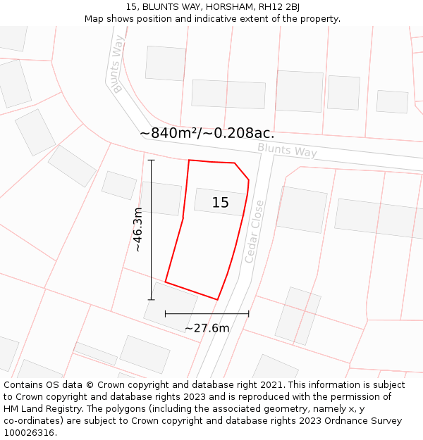 15, BLUNTS WAY, HORSHAM, RH12 2BJ: Plot and title map