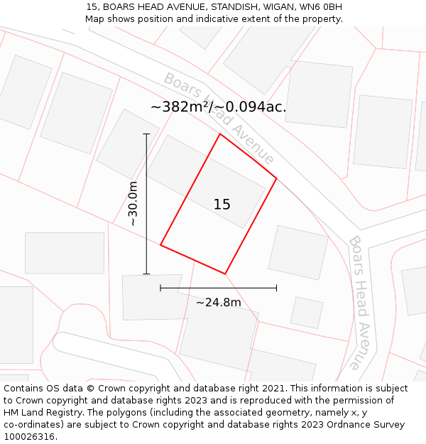15, BOARS HEAD AVENUE, STANDISH, WIGAN, WN6 0BH: Plot and title map