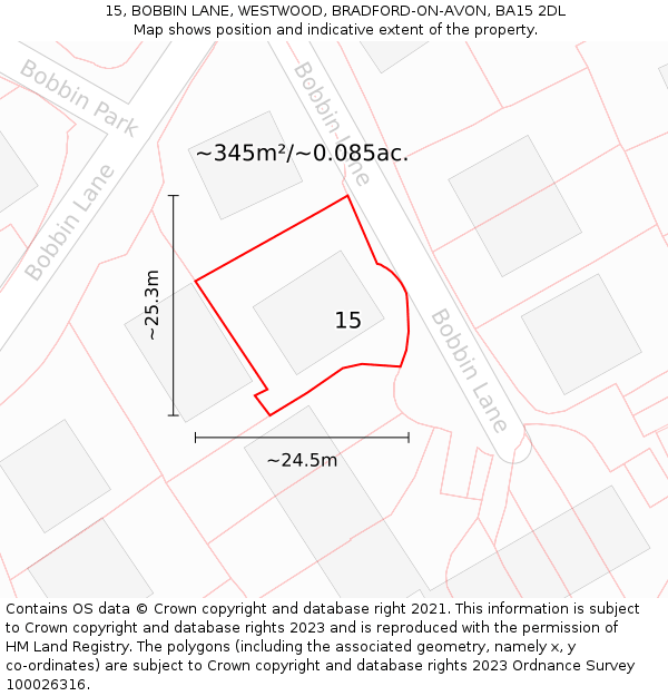 15, BOBBIN LANE, WESTWOOD, BRADFORD-ON-AVON, BA15 2DL: Plot and title map