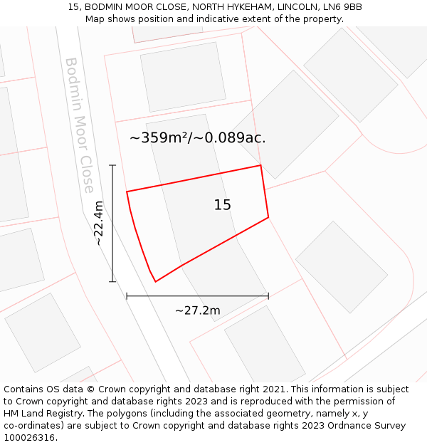 15, BODMIN MOOR CLOSE, NORTH HYKEHAM, LINCOLN, LN6 9BB: Plot and title map