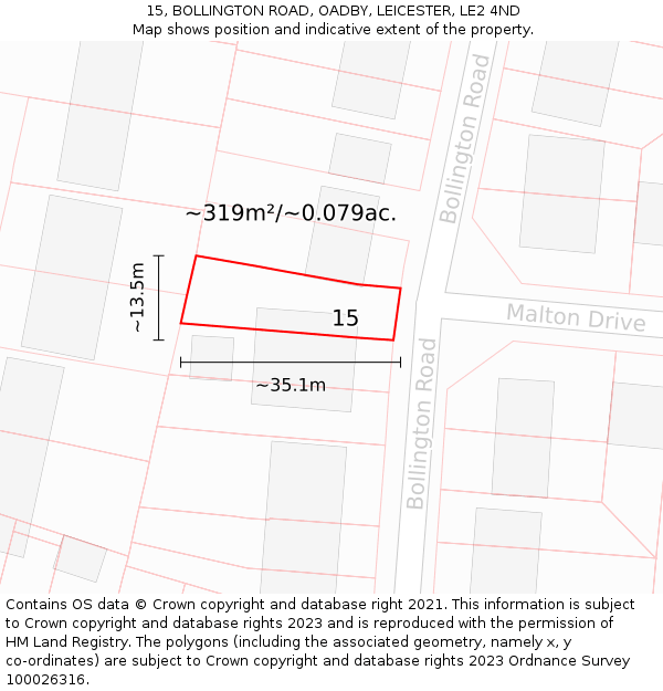 15, BOLLINGTON ROAD, OADBY, LEICESTER, LE2 4ND: Plot and title map