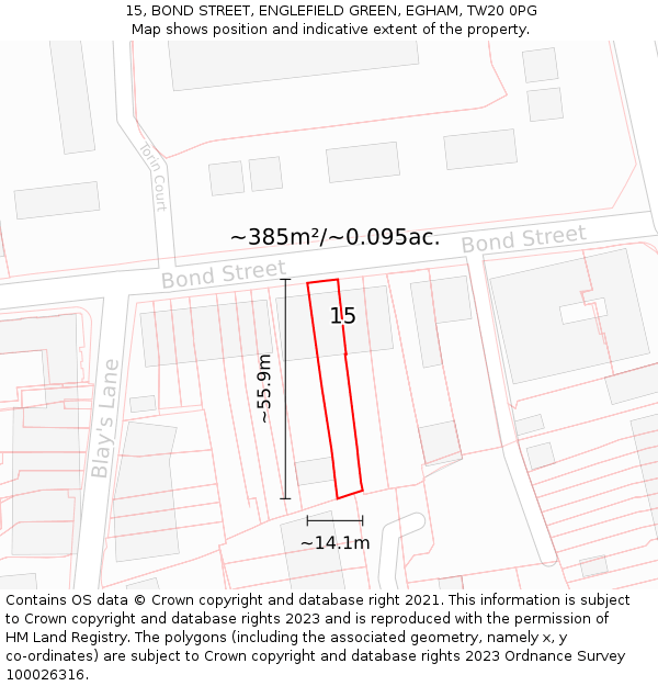 15, BOND STREET, ENGLEFIELD GREEN, EGHAM, TW20 0PG: Plot and title map