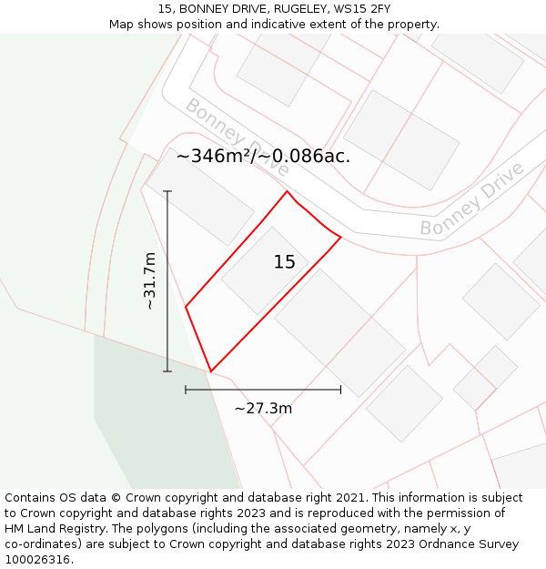 15, BONNEY DRIVE, RUGELEY, WS15 2FY: Plot and title map