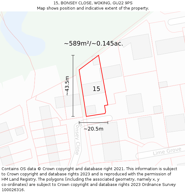 15, BONSEY CLOSE, WOKING, GU22 9PS: Plot and title map
