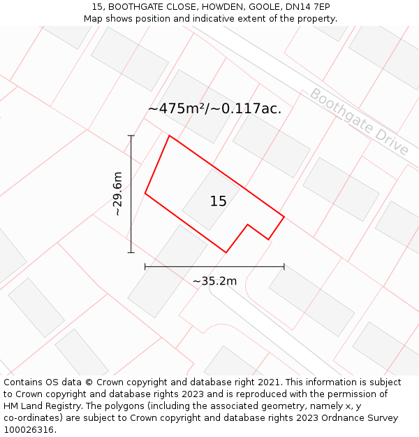 15, BOOTHGATE CLOSE, HOWDEN, GOOLE, DN14 7EP: Plot and title map