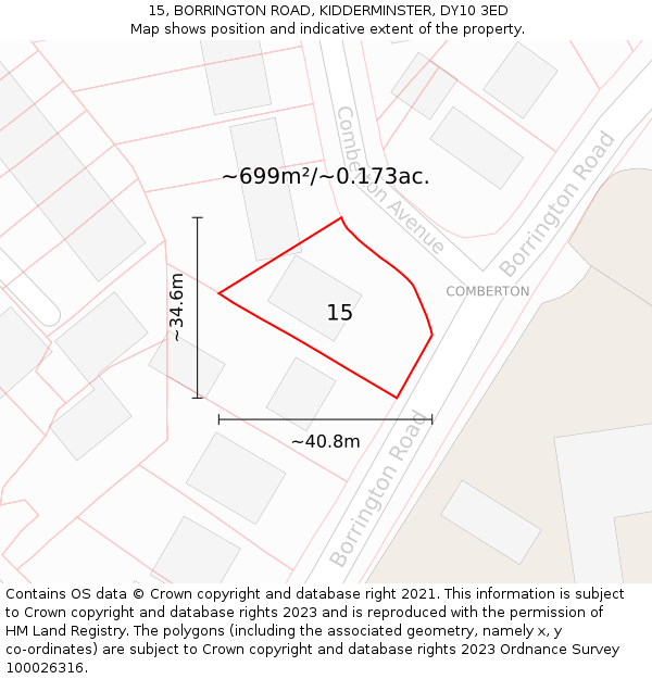 15, BORRINGTON ROAD, KIDDERMINSTER, DY10 3ED: Plot and title map