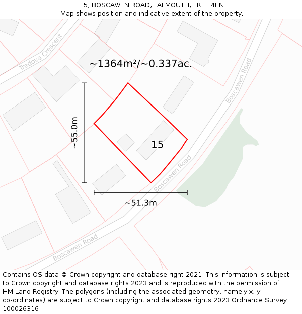 15, BOSCAWEN ROAD, FALMOUTH, TR11 4EN: Plot and title map
