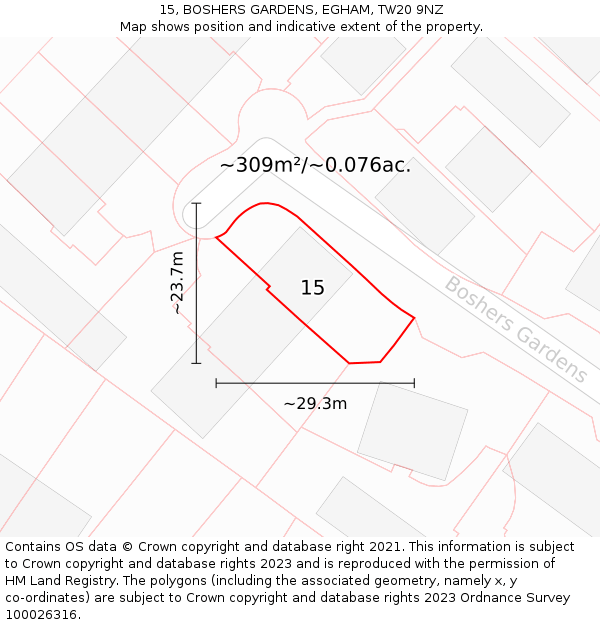 15, BOSHERS GARDENS, EGHAM, TW20 9NZ: Plot and title map