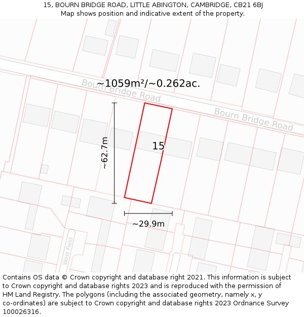 15, BOURN BRIDGE ROAD, LITTLE ABINGTON, CAMBRIDGE, CB21 6BJ: Plot and title map