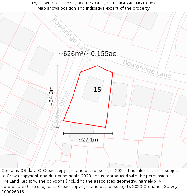 15, BOWBRIDGE LANE, BOTTESFORD, NOTTINGHAM, NG13 0AQ: Plot and title map