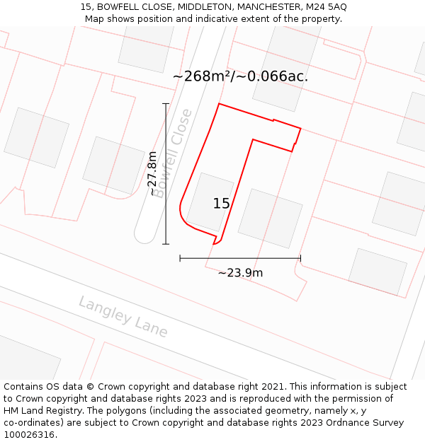 15, BOWFELL CLOSE, MIDDLETON, MANCHESTER, M24 5AQ: Plot and title map
