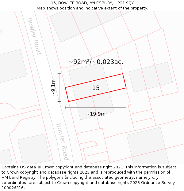 15, BOWLER ROAD, AYLESBURY, HP21 9QY: Plot and title map