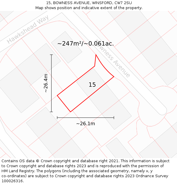15, BOWNESS AVENUE, WINSFORD, CW7 2SU: Plot and title map
