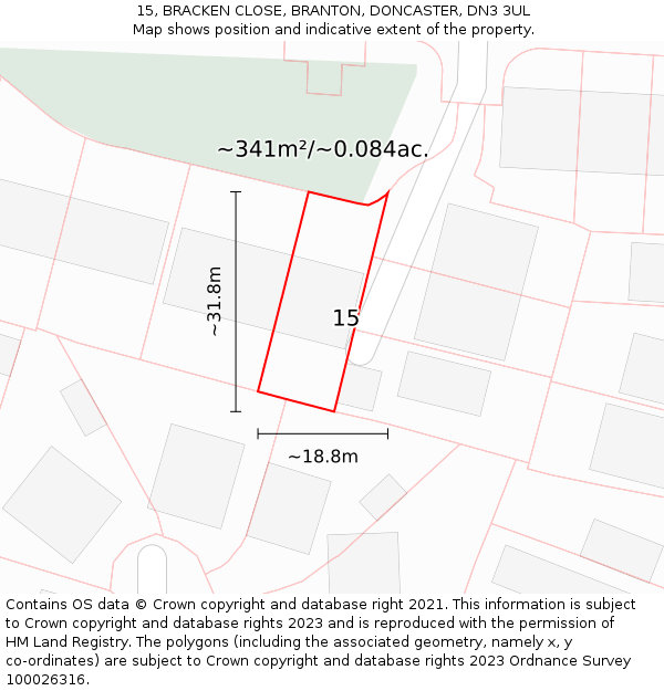 15, BRACKEN CLOSE, BRANTON, DONCASTER, DN3 3UL: Plot and title map