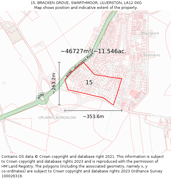 15, BRACKEN GROVE, SWARTHMOOR, ULVERSTON, LA12 0XG: Plot and title map