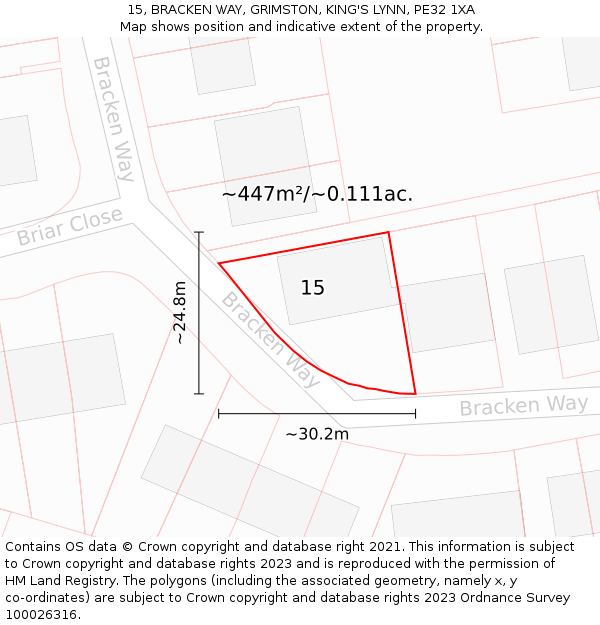 15, BRACKEN WAY, GRIMSTON, KING'S LYNN, PE32 1XA: Plot and title map