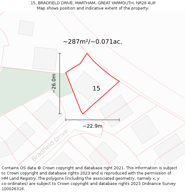 15, BRADFIELD DRIVE, MARTHAM, GREAT YARMOUTH, NR29 4UP: Plot and title map