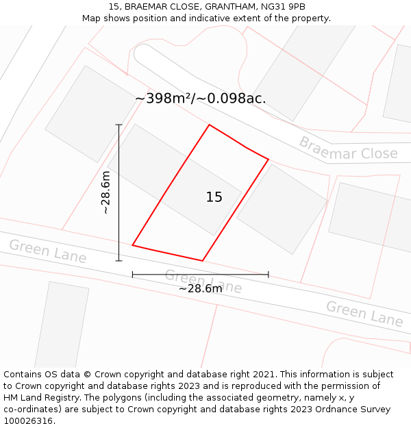 15, BRAEMAR CLOSE, GRANTHAM, NG31 9PB: Plot and title map