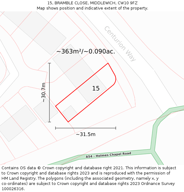 15, BRAMBLE CLOSE, MIDDLEWICH, CW10 9FZ: Plot and title map