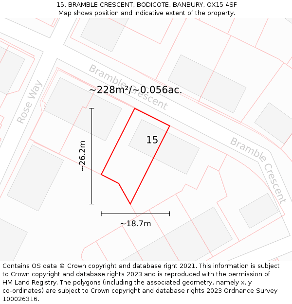 15, BRAMBLE CRESCENT, BODICOTE, BANBURY, OX15 4SF: Plot and title map