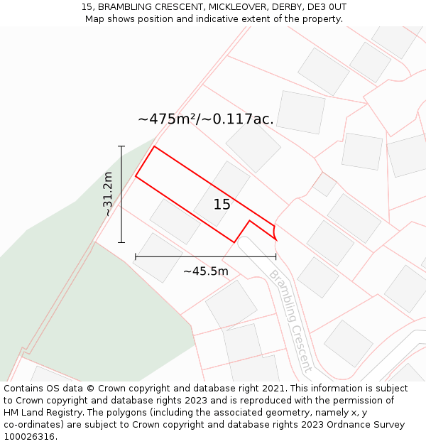 15, BRAMBLING CRESCENT, MICKLEOVER, DERBY, DE3 0UT: Plot and title map