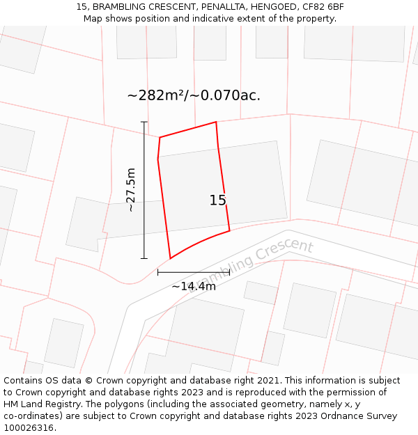 15, BRAMBLING CRESCENT, PENALLTA, HENGOED, CF82 6BF: Plot and title map