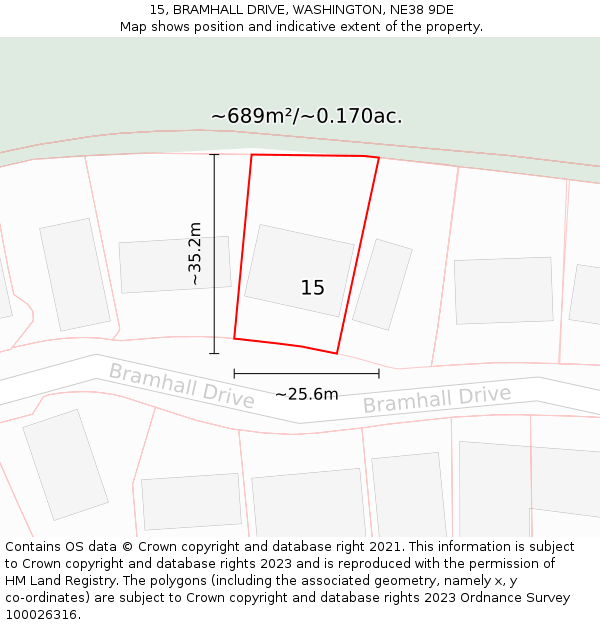 15, BRAMHALL DRIVE, WASHINGTON, NE38 9DE: Plot and title map