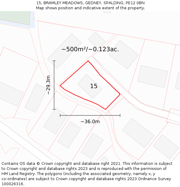 15, BRAMLEY MEADOWS, GEDNEY, SPALDING, PE12 0BN: Plot and title map
