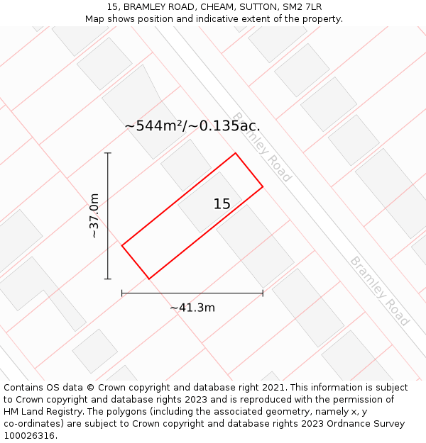 15, BRAMLEY ROAD, CHEAM, SUTTON, SM2 7LR: Plot and title map