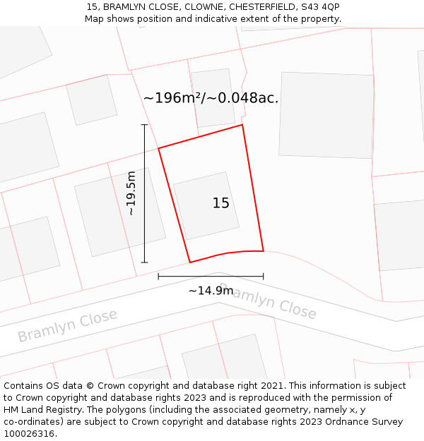 15, BRAMLYN CLOSE, CLOWNE, CHESTERFIELD, S43 4QP: Plot and title map