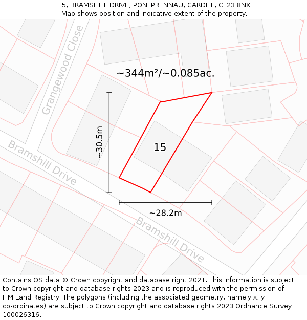 15, BRAMSHILL DRIVE, PONTPRENNAU, CARDIFF, CF23 8NX: Plot and title map
