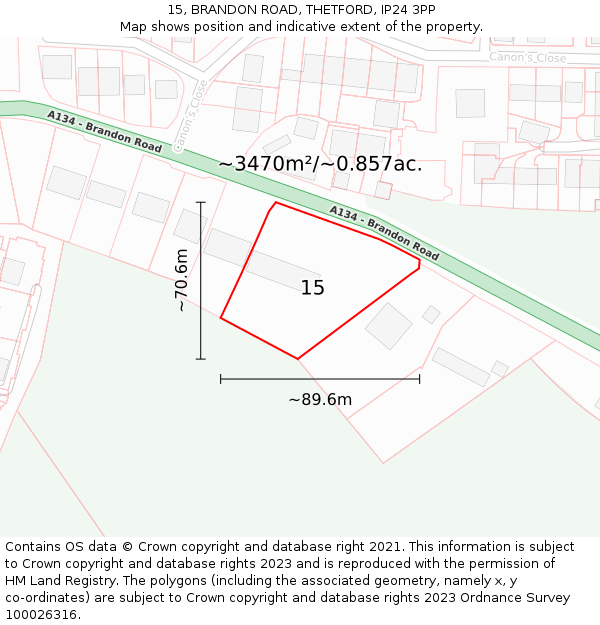 15, BRANDON ROAD, THETFORD, IP24 3PP: Plot and title map