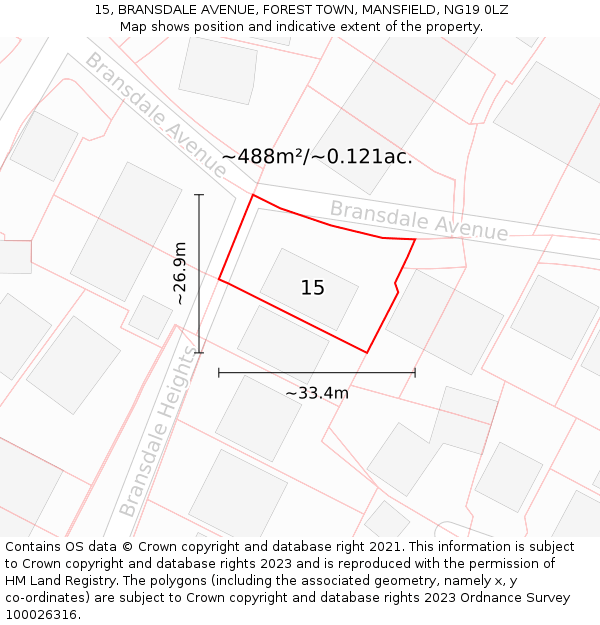 15, BRANSDALE AVENUE, FOREST TOWN, MANSFIELD, NG19 0LZ: Plot and title map