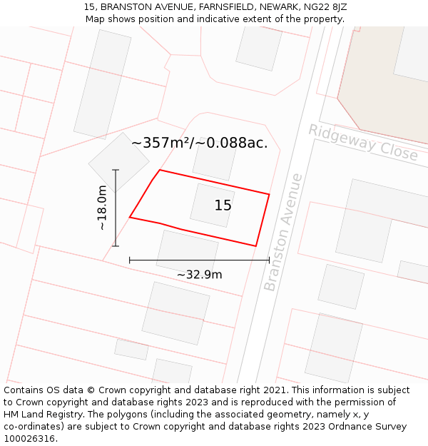 15, BRANSTON AVENUE, FARNSFIELD, NEWARK, NG22 8JZ: Plot and title map