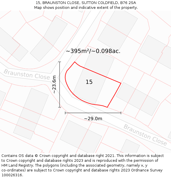 15, BRAUNSTON CLOSE, SUTTON COLDFIELD, B76 2SA: Plot and title map