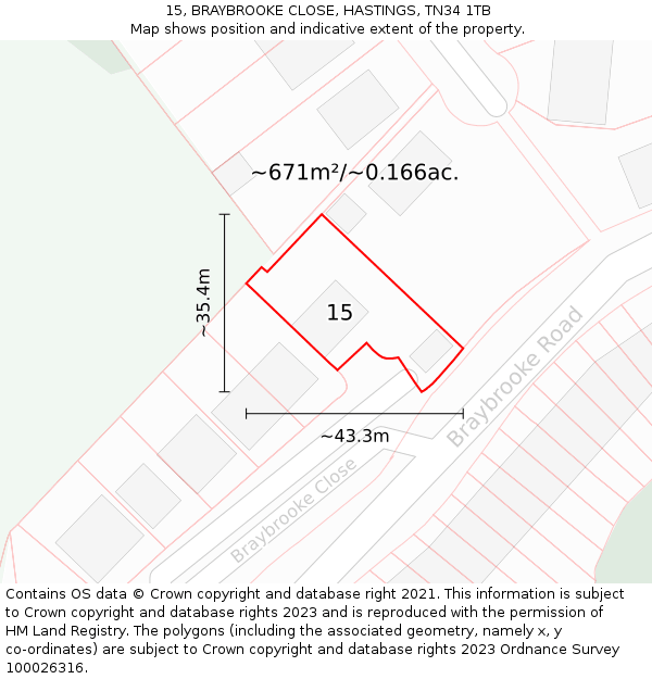 15, BRAYBROOKE CLOSE, HASTINGS, TN34 1TB: Plot and title map