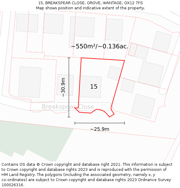 15, BREAKSPEAR CLOSE, GROVE, WANTAGE, OX12 7FS: Plot and title map
