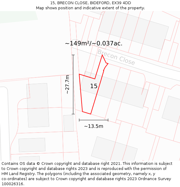 15, BRECON CLOSE, BIDEFORD, EX39 4DD: Plot and title map