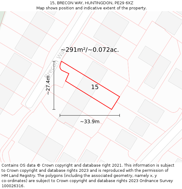 15, BRECON WAY, HUNTINGDON, PE29 6XZ: Plot and title map
