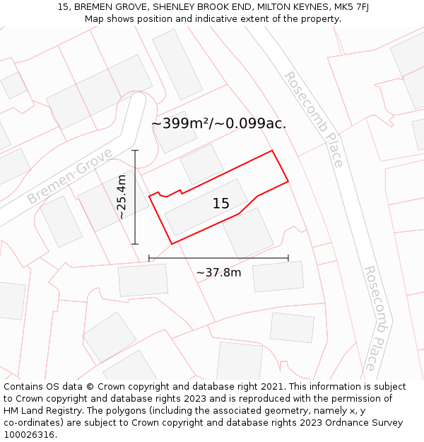 15, BREMEN GROVE, SHENLEY BROOK END, MILTON KEYNES, MK5 7FJ: Plot and title map