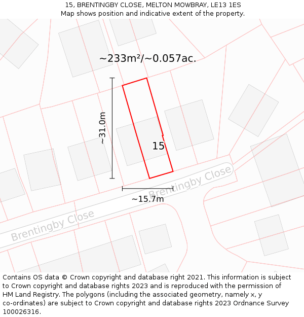 15, BRENTINGBY CLOSE, MELTON MOWBRAY, LE13 1ES: Plot and title map