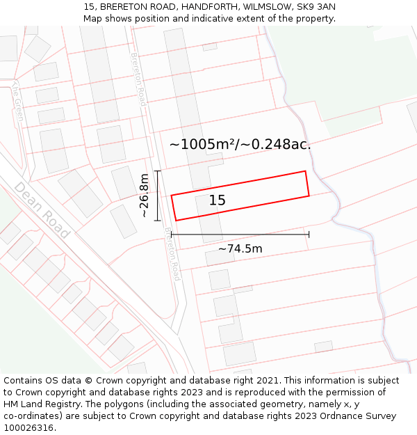 15, BRERETON ROAD, HANDFORTH, WILMSLOW, SK9 3AN: Plot and title map