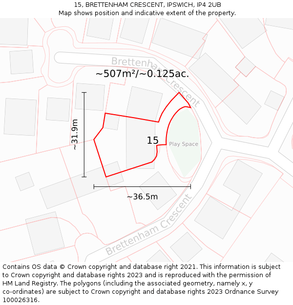 15, BRETTENHAM CRESCENT, IPSWICH, IP4 2UB: Plot and title map