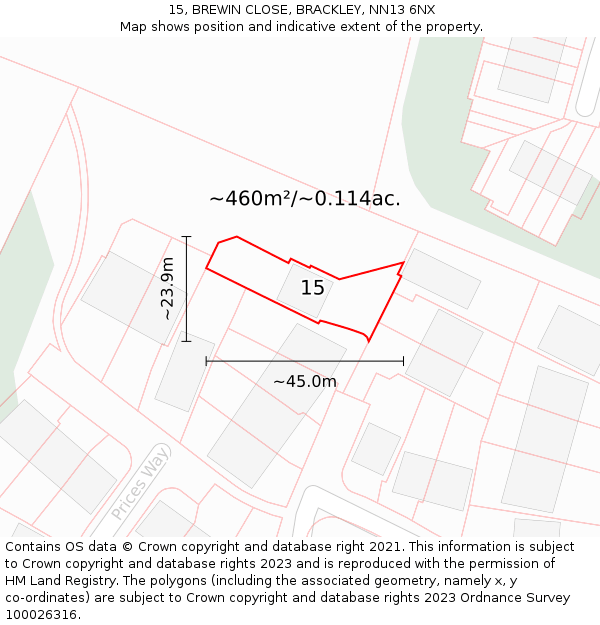 15, BREWIN CLOSE, BRACKLEY, NN13 6NX: Plot and title map