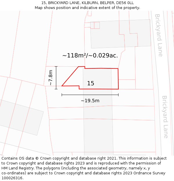 15, BRICKYARD LANE, KILBURN, BELPER, DE56 0LL: Plot and title map
