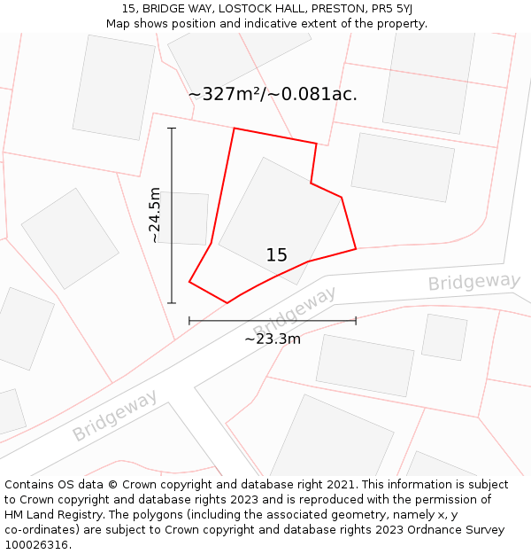 15, BRIDGE WAY, LOSTOCK HALL, PRESTON, PR5 5YJ: Plot and title map