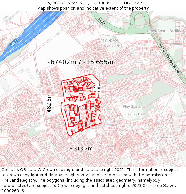 15, BRIDGES AVENUE, HUDDERSFIELD, HD3 3ZP: Plot and title map