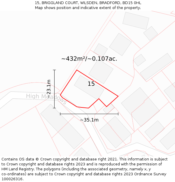 15, BRIGGLAND COURT, WILSDEN, BRADFORD, BD15 0HL: Plot and title map